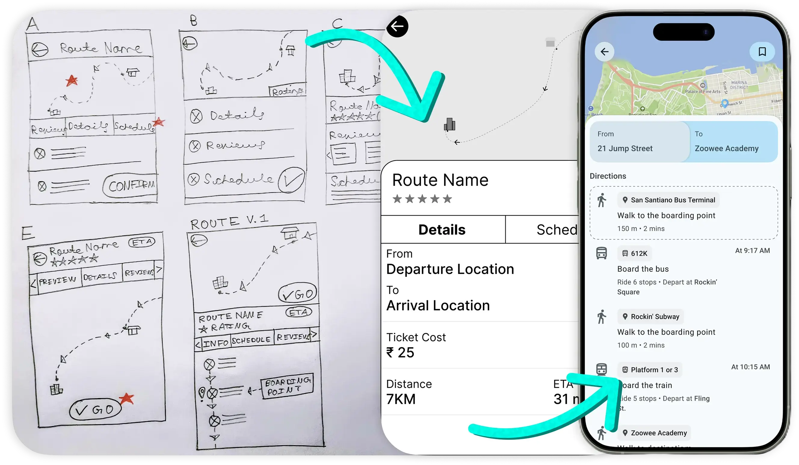 Concept artifact showing user flow map and wireframe exploration for Pathly